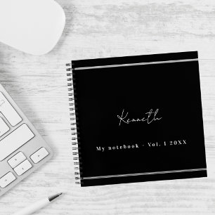 Black silver name script minimalist notebook