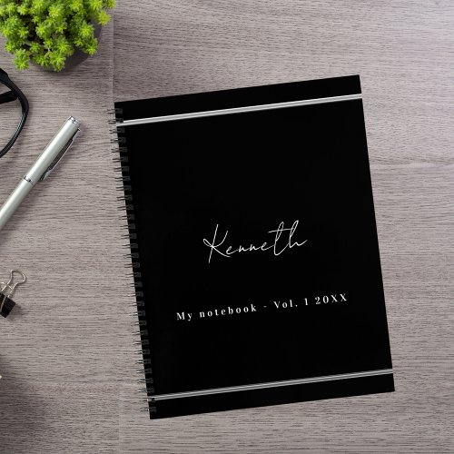 Black silver name script minimalist notebook