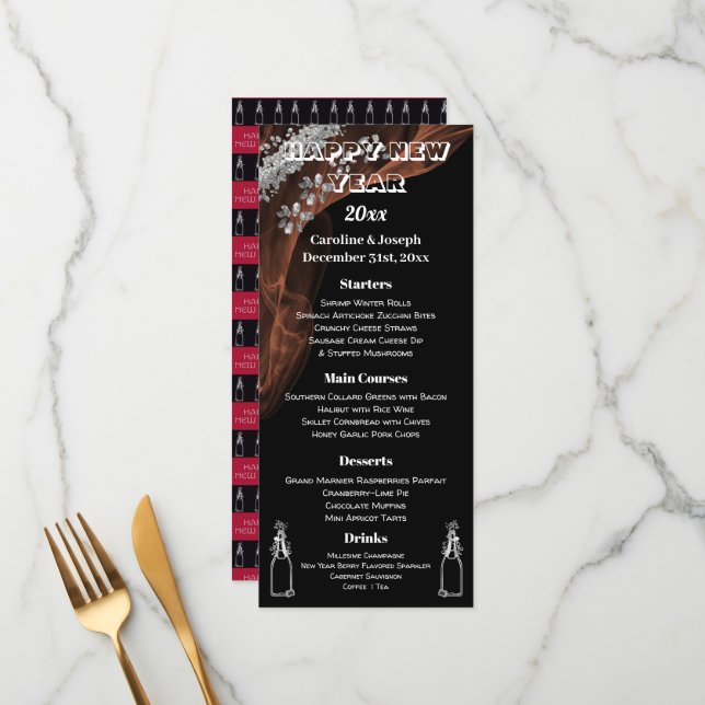 Black & Silver New Year Menu & Bubbly Champagne (Front/Back In Situ)