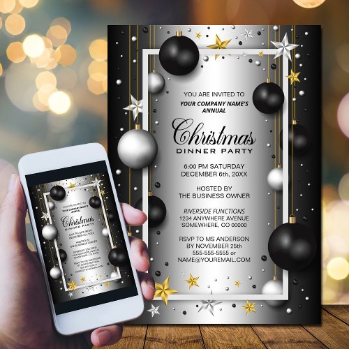 Black Silver Ornament Corporate Christmas Dinner Invitation
