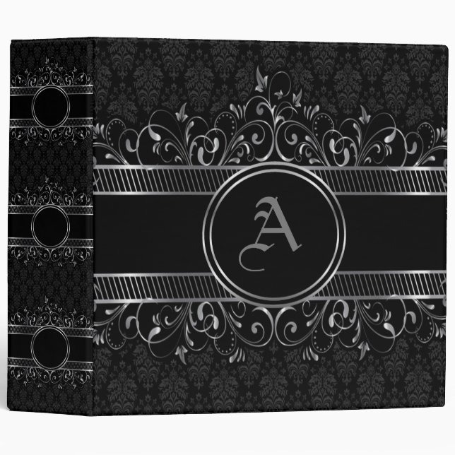 Black & Silver Ornate Gothic Monogrammed  3 Ring Binder (Front/Spine)