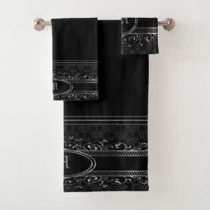 Black & Silver Ornate Gothic Monogrammed Bath Towel Set