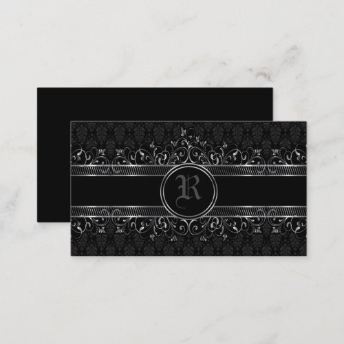 Black  Silver Ornate Gothic Monogrammed   Business Card