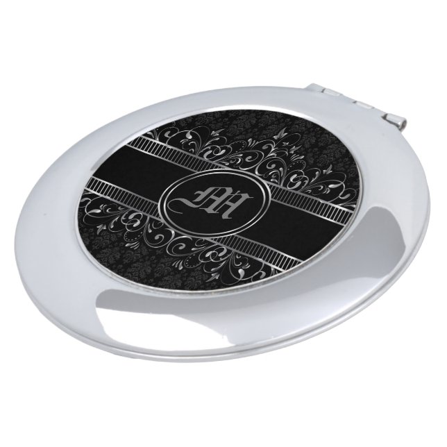 Black & Silver Ornate Gothic Monogrammed  Compact Mirror (Turned)