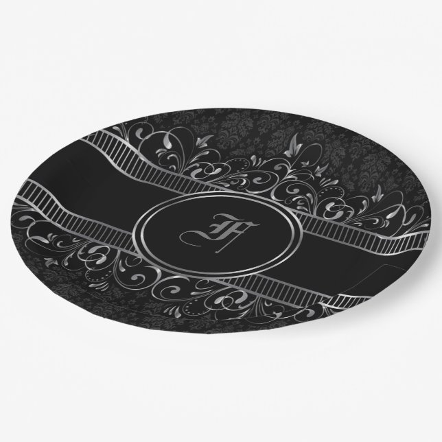 Black & Silver Ornate Gothic Monogrammed  Paper Plates (Angled)