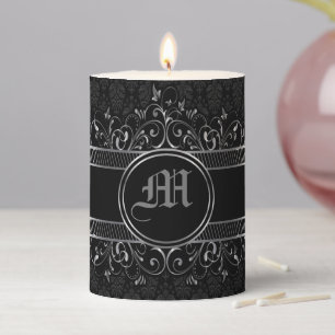 Black & Silver Ornate Gothic Monogrammed Pillar Candle