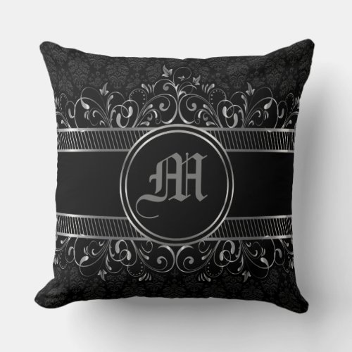 Black  Silver Ornate Gothic Monogrammed Throw Pillow