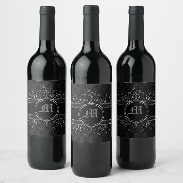 Black & Silver Ornate Gothic Monogrammed Wine Label (Bottles)