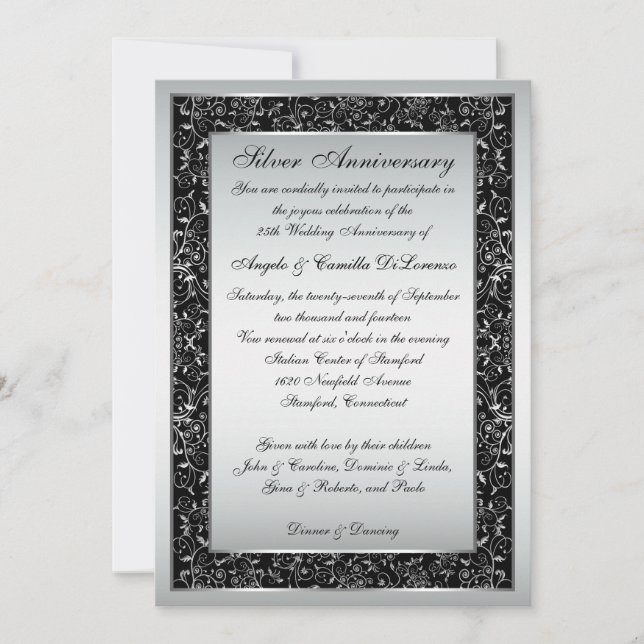 Black Silver Ornate Scroll 25th Anniversary Invite (Front)