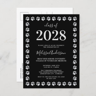 Black Silver Paw Prints Graduation Invitation Postcard