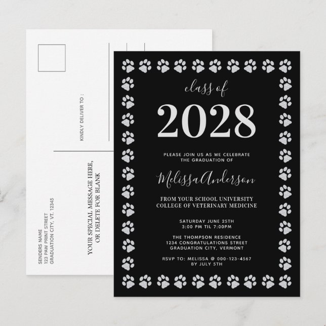 Black Silver Paw Prints Graduation Invitation Postcard (Front/Back)