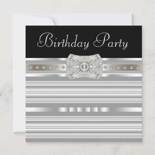 Black Silver Pearls Womans Birthday Party Custom Announcements