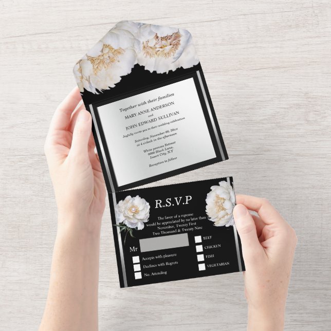 Black silver peony floral flower wedding luxurious all in one invitation (Tearaway)