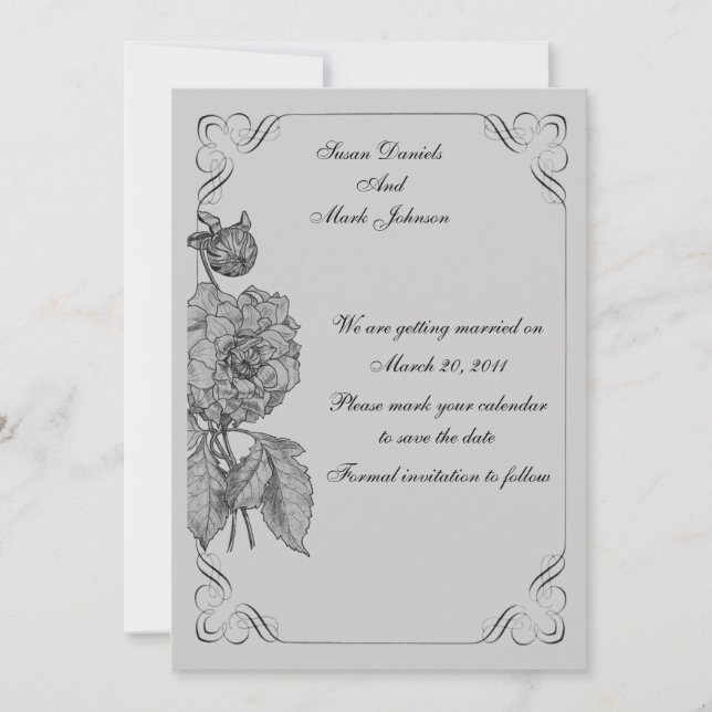 Black Silver Peony Floral Wedding Save The Date Invitation (Front)