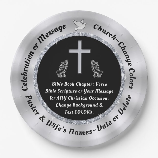 Black, Silver Personalized, Christian Paper Plates (Front)