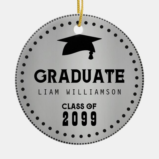 Black Silver Personalized Graduation Masculine Ceramic Ornament (Front)