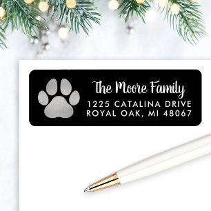 Black Silver Pet Lover Paw Print Address Label
