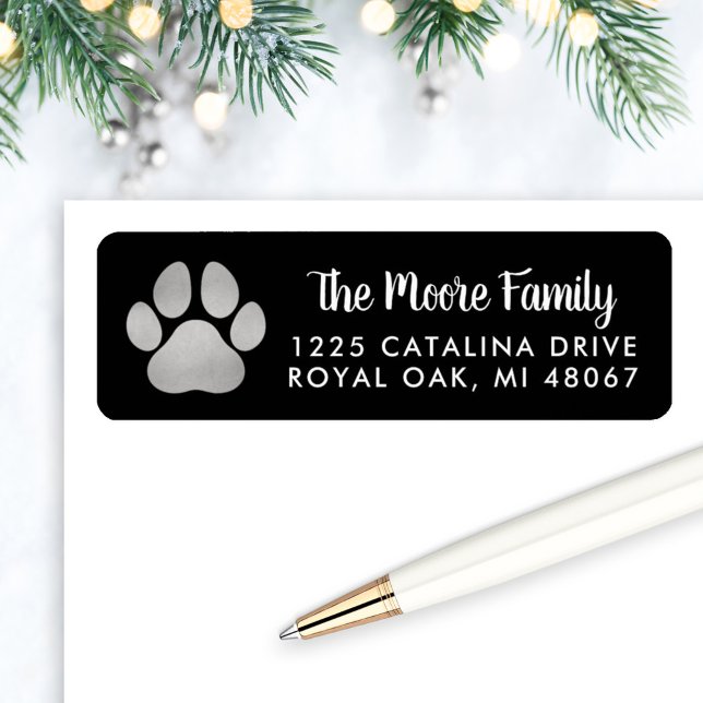 Black Silver Pet Lover Paw Print Address Label (Creator Uploaded)