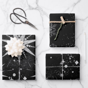Black & Silver Pewter Starbursts & Stardust Wrapping Paper Sheets