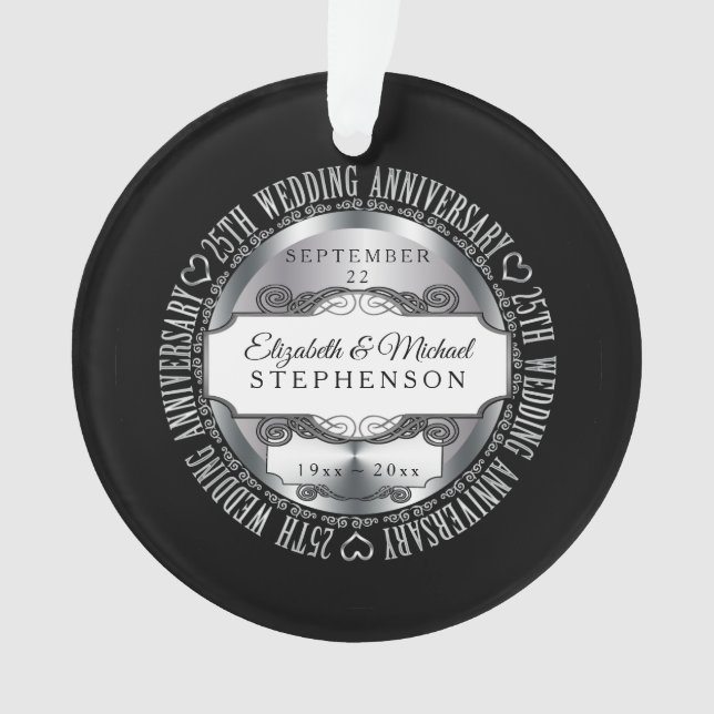 Black Silver Photo 25th Wedding Anniversary Ornament (Front)