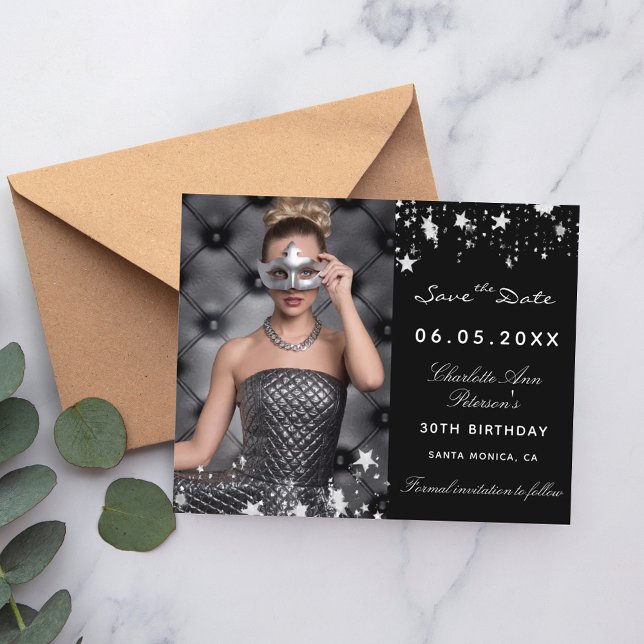 Black silver photo birthday budget Save the Date Flyer (Creator Uploaded)