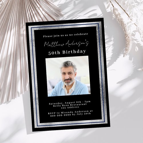 Black silver photo birthday invitation