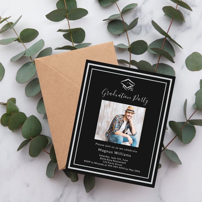 Black silver photo Graduation Party invitation (Creator Uploaded)