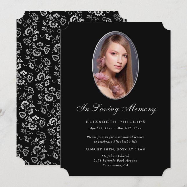 Black Silver Photo Memorial In Loving Memory Invitation (Front/Back)