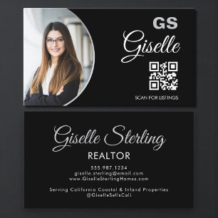 Black Silver Photo Monogram Realtor QR Code  Business Card