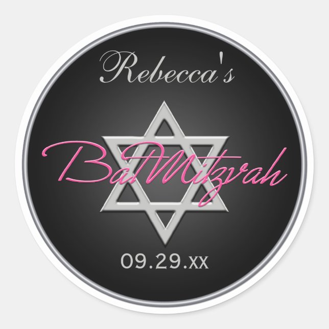 Black, Silver, Pink 1.5" Round Bat Mitzvah Sticker (Front)