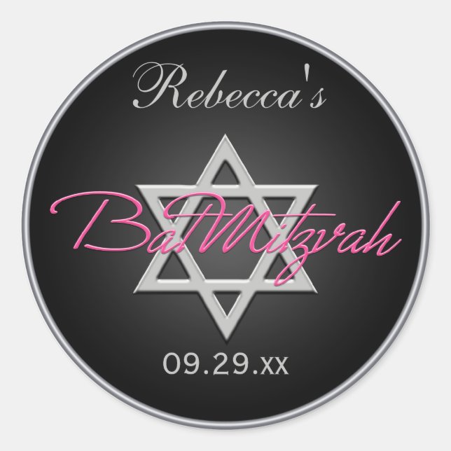 Black, Silver, Pink 1.5" Round Bat Mitzvah Sticker (Front)