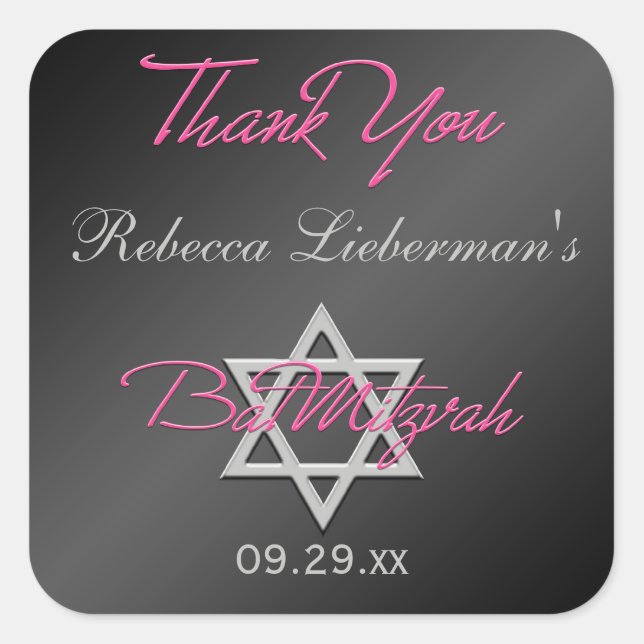 Black, Silver, Pink 1.5" Sq. Bat Mitzvah Sticker (Front)