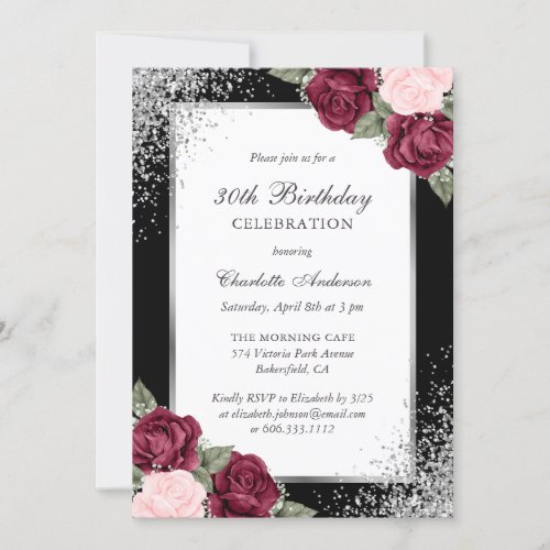 Black Silver Pink Burgundy Floral 30th Birthday Invitation