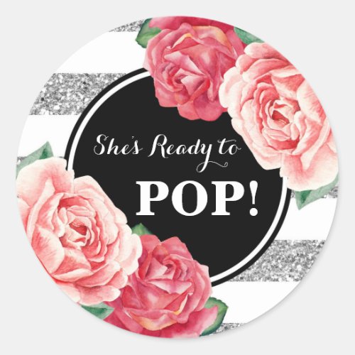 Black Silver Pink Floral Baby Shower Ready to Pop Classic Round Sticker