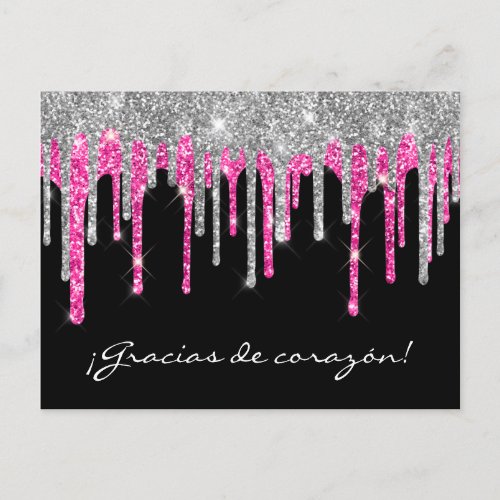 Black Silver Pink Glitter Drip Quinceaera Gracias Postcard