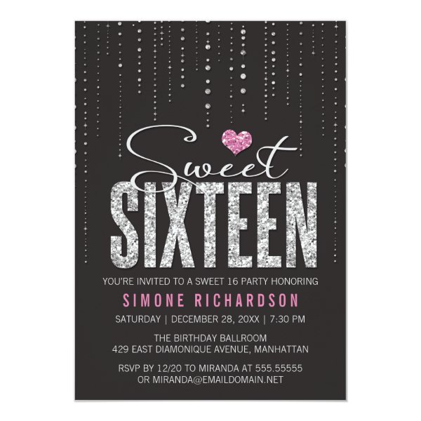 Black, Silver & Pink Glitter Look Sweet 16 Party Invitation