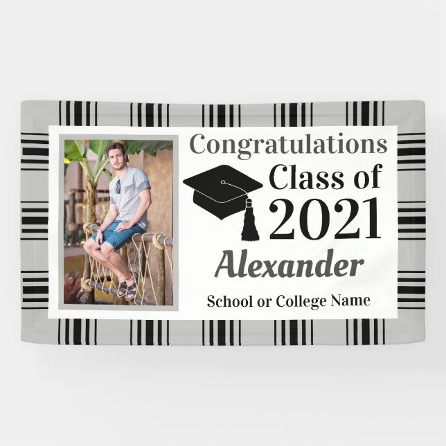 Black Silver Plaid School Colors Graduation Banner (Horizontal)