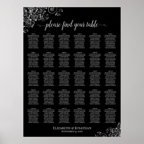 Black & Silver Posh 30 Table Wedding Seating Chart