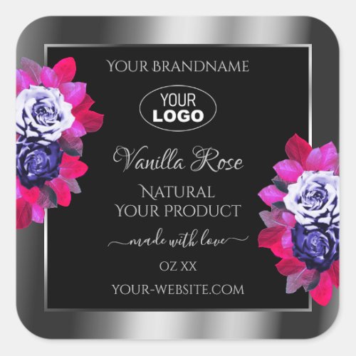 Black Silver Product Labels Blue Pink Roses Logo