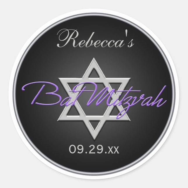 Black Silver Purple 1.5" Round Bat Mitzvah Sticker (Front)