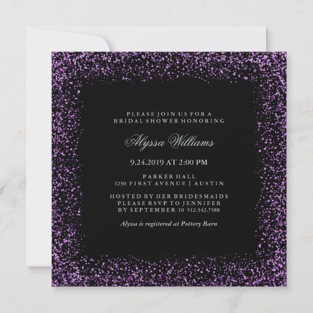 Black Silver Purple Confetti Glam Bridal Shower Invitation (Front)