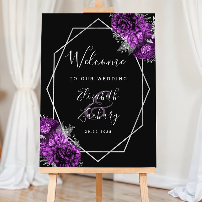 Black Silver Purple Floral Wedding Welcome Foam Board (Creator Uploaded)