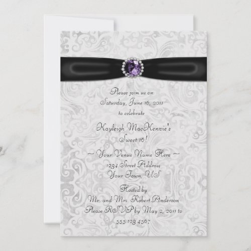 Black Silver Purple Sweet 16 Invitation