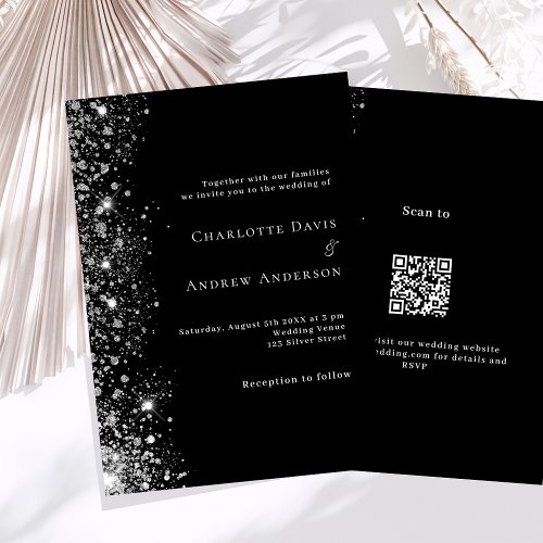 Black silver QR code RSVP details luxury wedding Invitation