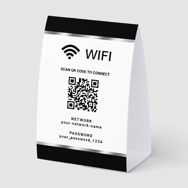 Black Silver QR Code Wifi Network and Password Paper Table Tent (Front)