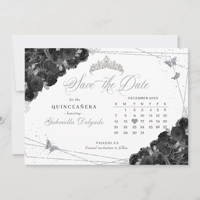 Black & Silver Quinceañera Save The Date Invitation (Front)