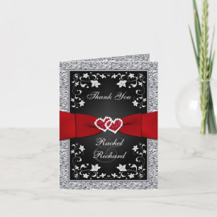 Black Silver Red Floral Hearts FAUX Foil Thank You