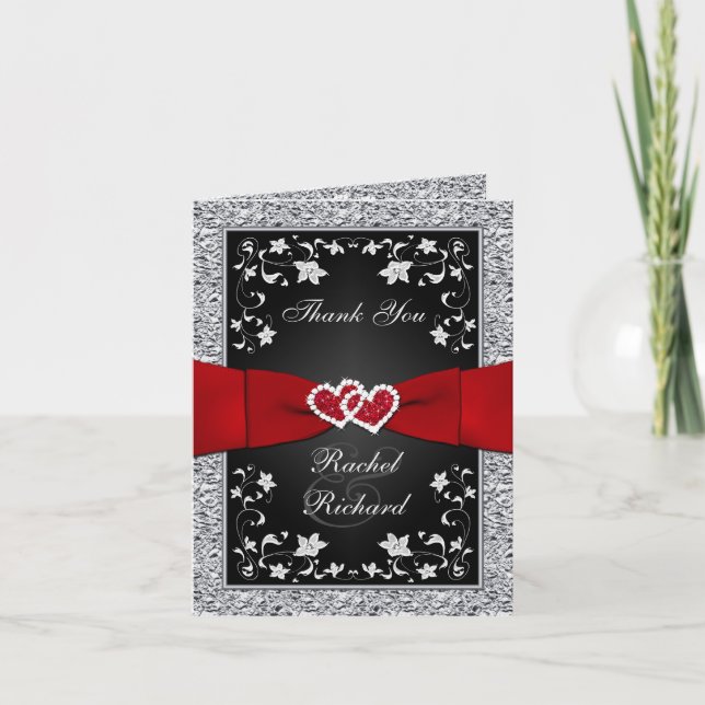 Black Silver Red Floral Hearts FAUX Foil Thank You Card (Front)