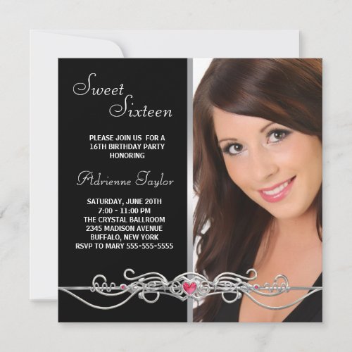 Black Silver Red Heart Photo Sweet Sixteen Birthda Invitation