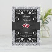 Black Silver Red Hearts, Floral Wedding Invitation (Standing Front)
